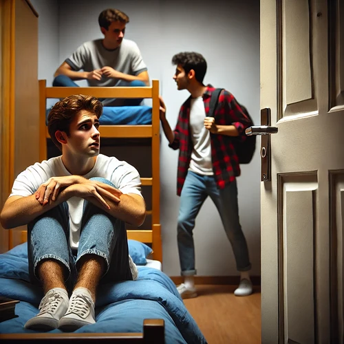 DALL·E 2025-03-10 22.04.53 - A tense moment in a university dormitory. A young man sits on his bed, looking panicked and nervous, while another young man confidently walks toward