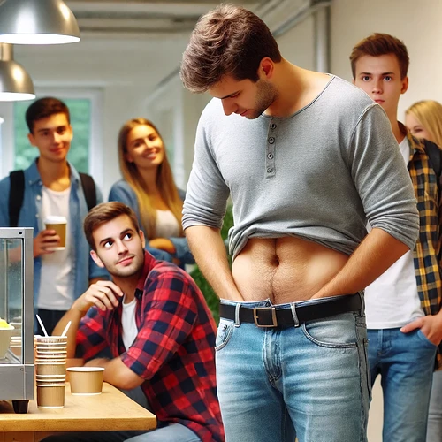 DALL·E 2025-03-10 22.05.48 - A moment in a university cafeteria. A young man stands in line, unaware, while another young man behind him notices something unusual about his waistb