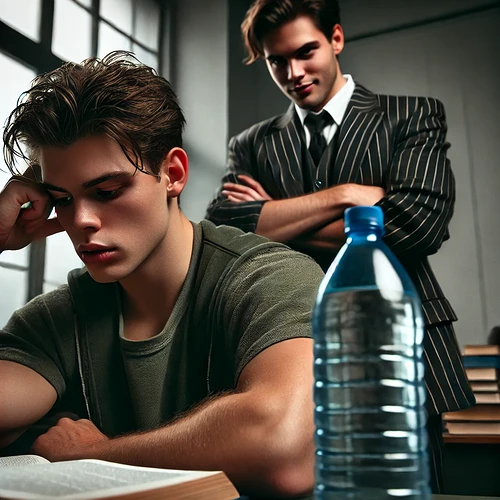 DALL·E 2025-03-10 22.05.45 - A tense scene in a university dormitory. A young man sits at his desk, looking frustrated and stressed, with a large water bottle in front of him. Beh