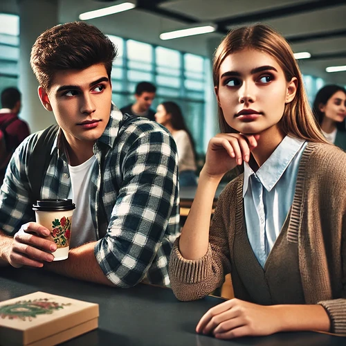 DALL·E 2025-03-10 22.08.43 - A scene in a university cafeteria. A young man sits at a table with a coffee, looking slightly suspicious and curious, while a young woman across from