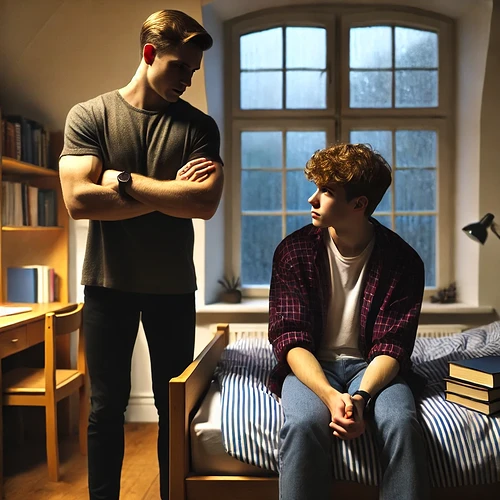 DALL·E 2025-03-10 21.58.43 - A tense moment between two young men in a university dormitory room. One, confident and dominant, sits on a bed with arms crossed, while the other, sm